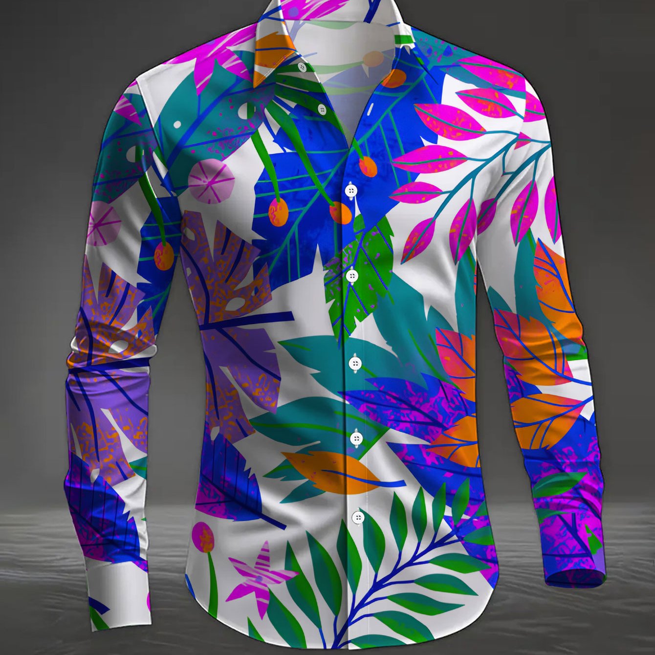 TEMU Standard Size Men's Long Sleeve Printed Shirt With Colorful Botanical Floral Pattern, Fashionable Casual Button- Lapel Shirt For Men, Men's Long