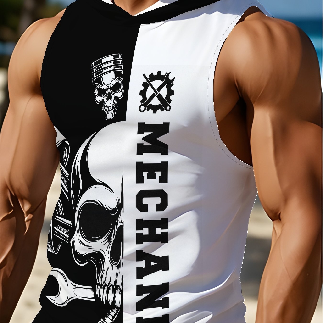 TEMU Men's 3d Printed Hooded Tank Top - Sleeveless Vest, Design, Casual Summer Wear, Polyester Knit Fabric, Suitable For