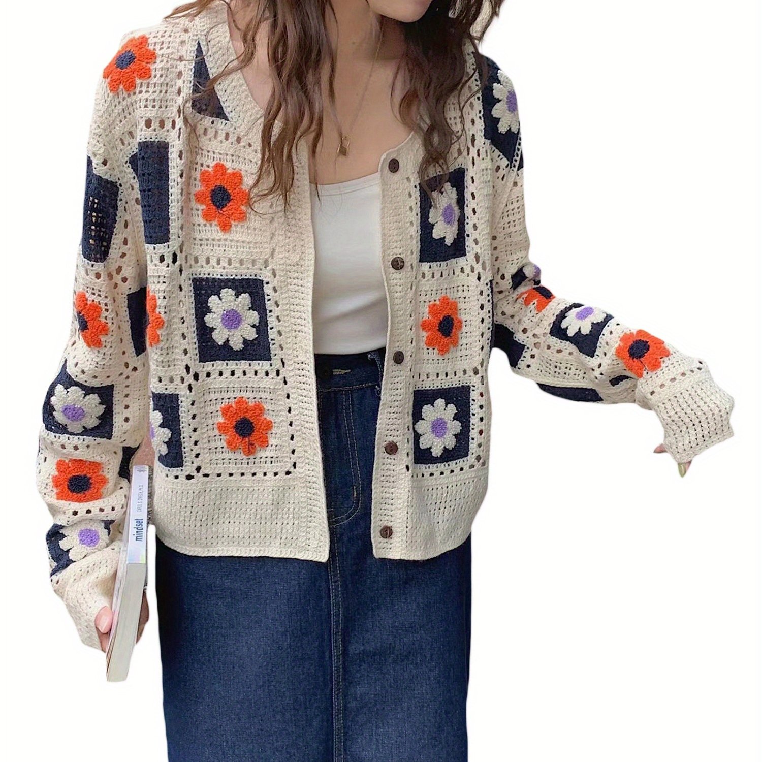 Cardigan Y2K Femme Automne/Hiver – Tricot Crochet Fleurs 3D, Manches Longues Ouvert Devant, Style Esthétique Boho Kawaii