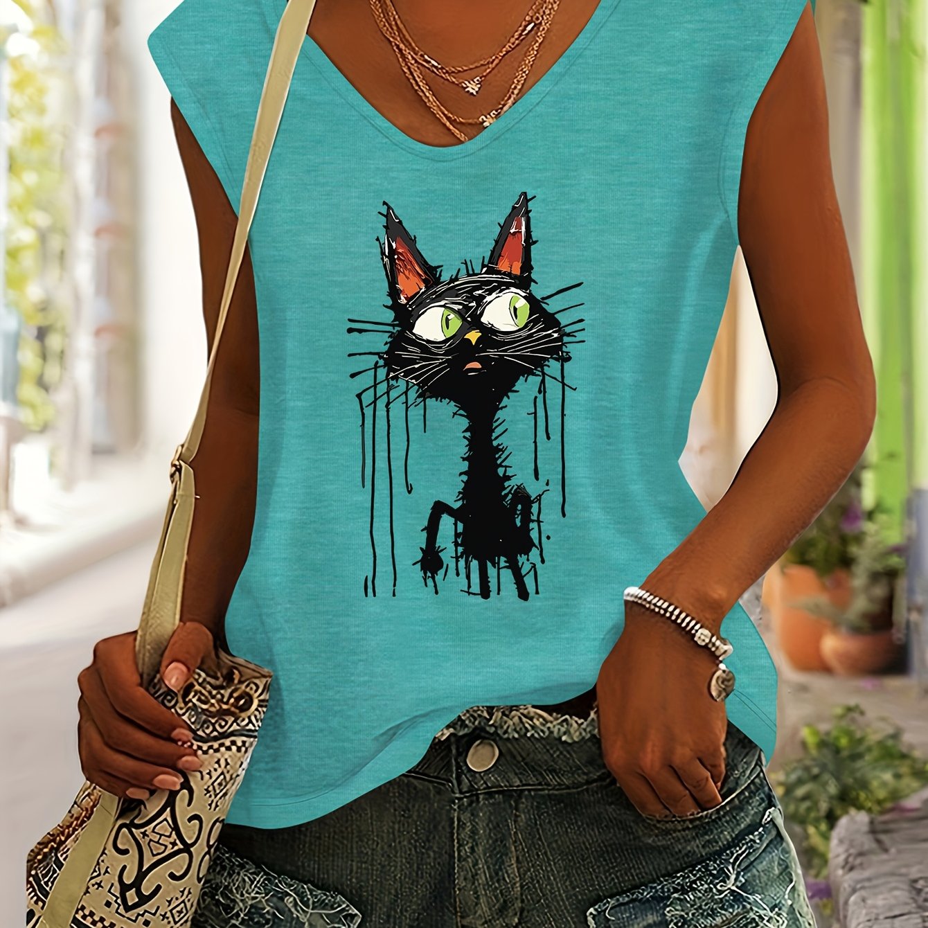 TEMU Black Cat Print Women's Spring And Summer Top, Casual Comfortable Colored V-neck Raglan Sleeve T-shirt