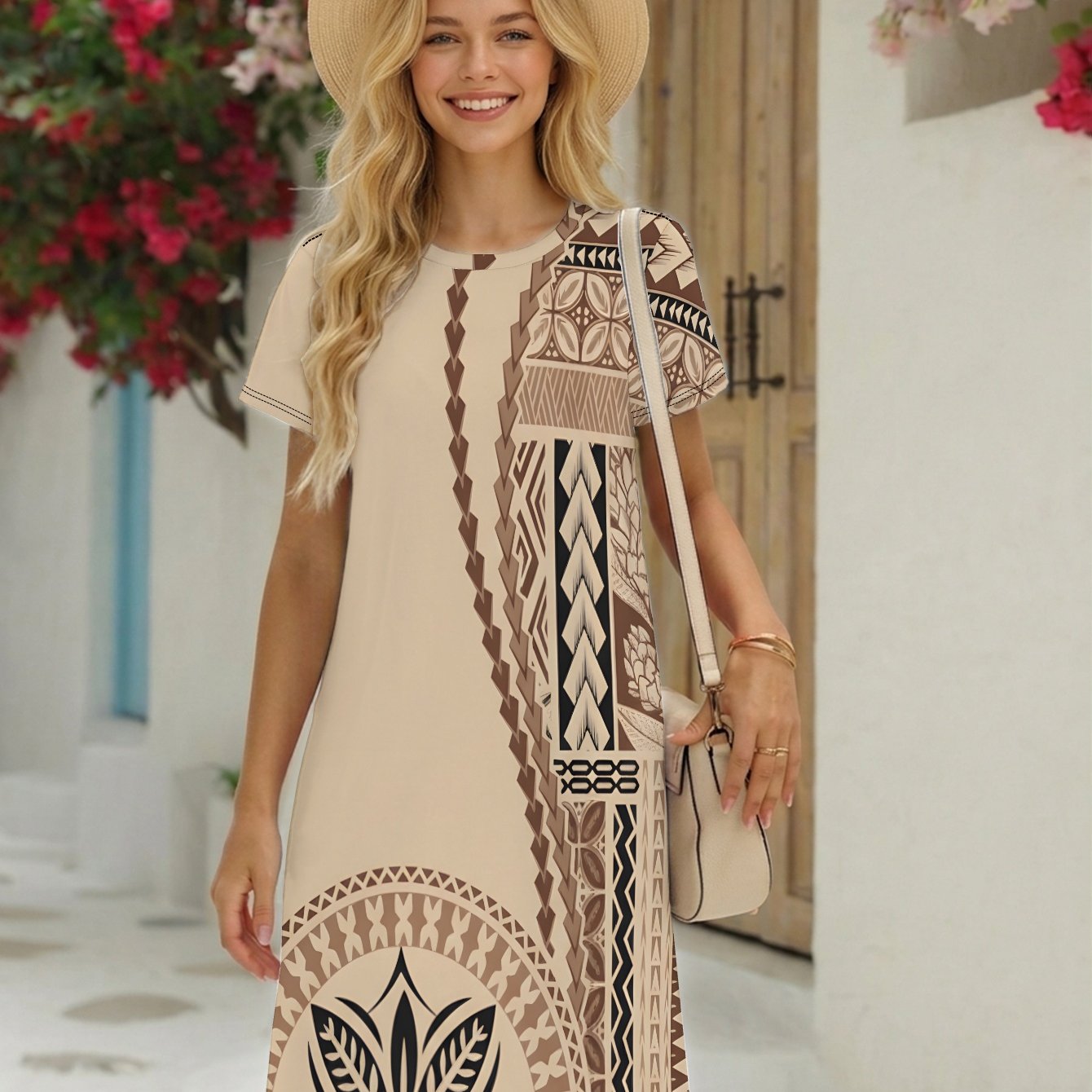 TEMU Medallion Samoan Tribal Style Women's Crew Neck T-shirt Dress