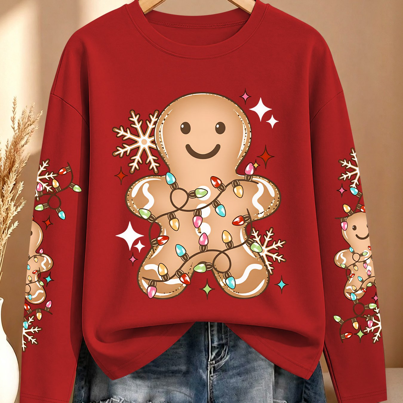 TEMU [christmas] Plus Size Women's Autumn Clothing, Gingerbread Man Lantern Snowflakes Multi-sleeve Printed Long Sleeve T-shirt, Sport Casual