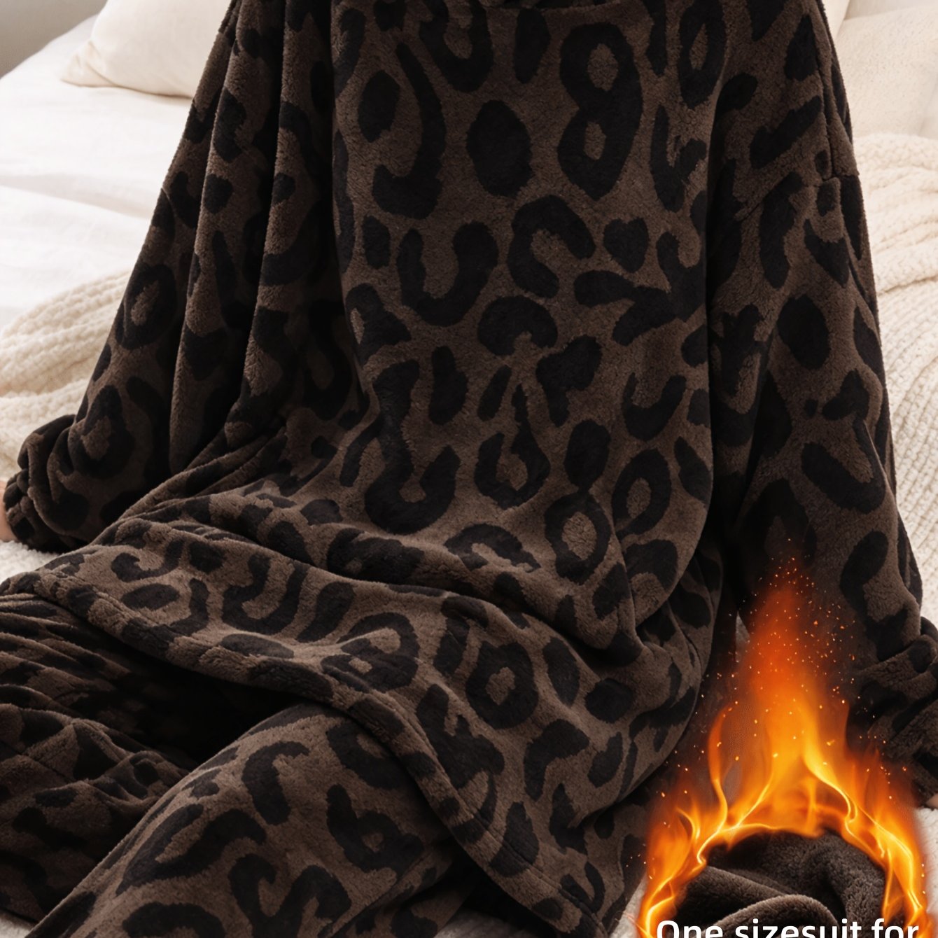 TEMU 2-/winter Plush Fabric, , Hooded Long-sleeve With Dual Pockets, Women's Pajama Set, Winter-warm Coral - Women's Loungewear, Leopard Print