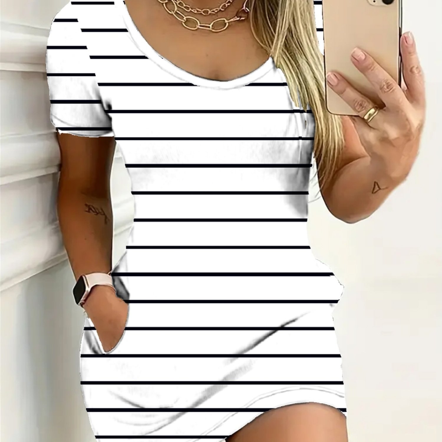 TEMU Vestido holgado a rayas , casual y versátil, manga corta, falda corta (con bolsillos)