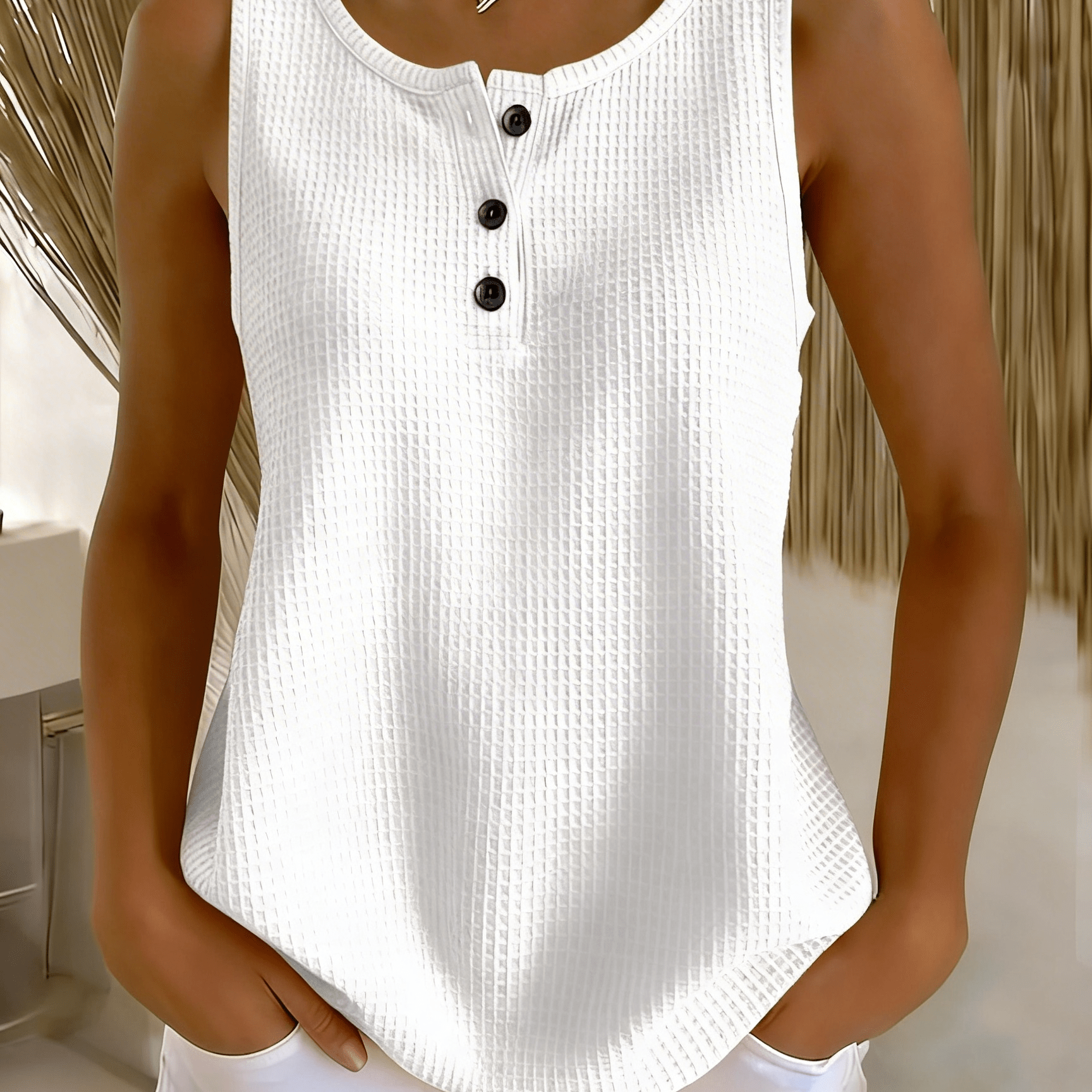 Plus Size, Plus Size Women's Waffle Stretchy Tank Top, Summer Sleeveless Henley Neck Loose Layer Pullover Sleeveless Top