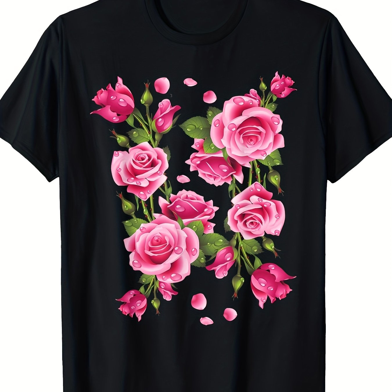 TEMU Men's Featuring A Rose Bouquet Design, Made From. And Breathable Casual Tee Is Perfect For Summer Outdoor Activities, Machine Washable, With A