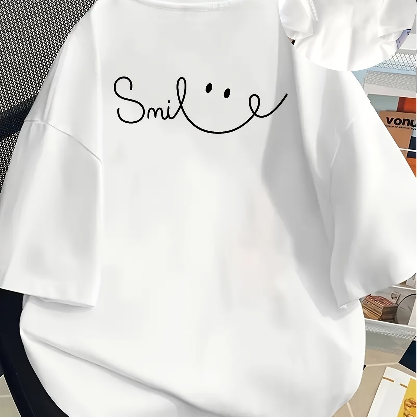 Short Sleeve Front Panel, Smile, Smile Print Round Neck Women's Casual Short Sleeve Top - Women's Clothing