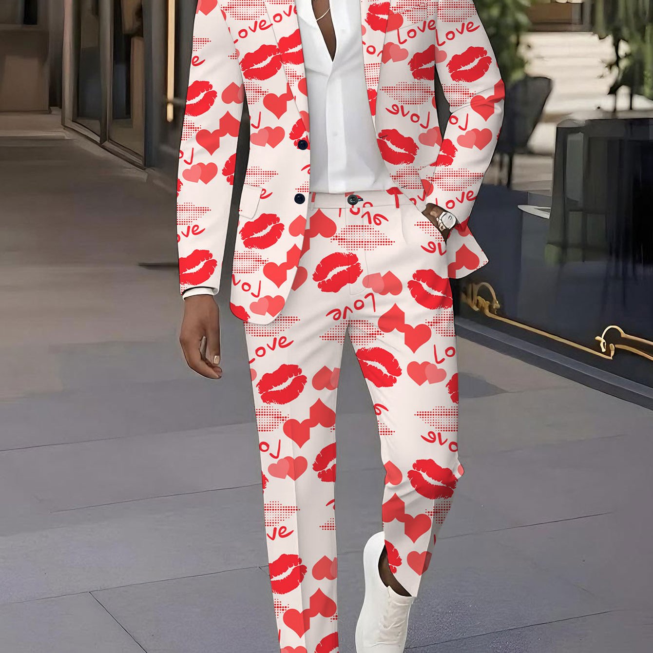 TEMU Men's Suit Set With , Featuring Lip Prints, Perfect For Christmas, Love-themed Outfits For Weddings, Parties, And Halloween. Trendy Print Suit