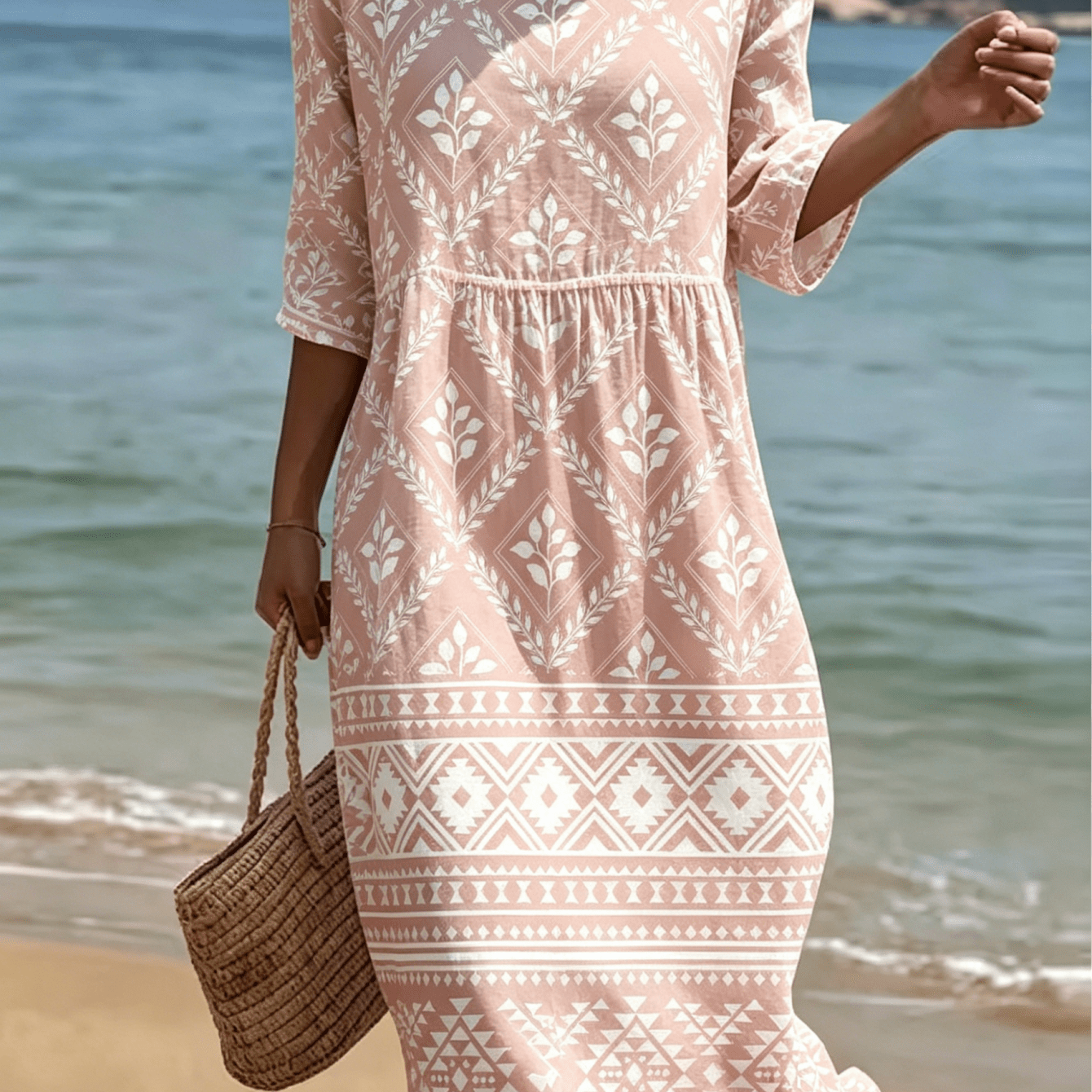 Women's Elegant And Casual Dress 3/4-sleeve Round-neck Loose-fit High-waisted Bohemian Beach Dress Ethnic Geometry Print Beach & Vacation Sundress Perfect For Summer Suitable For Beach And Vacations
