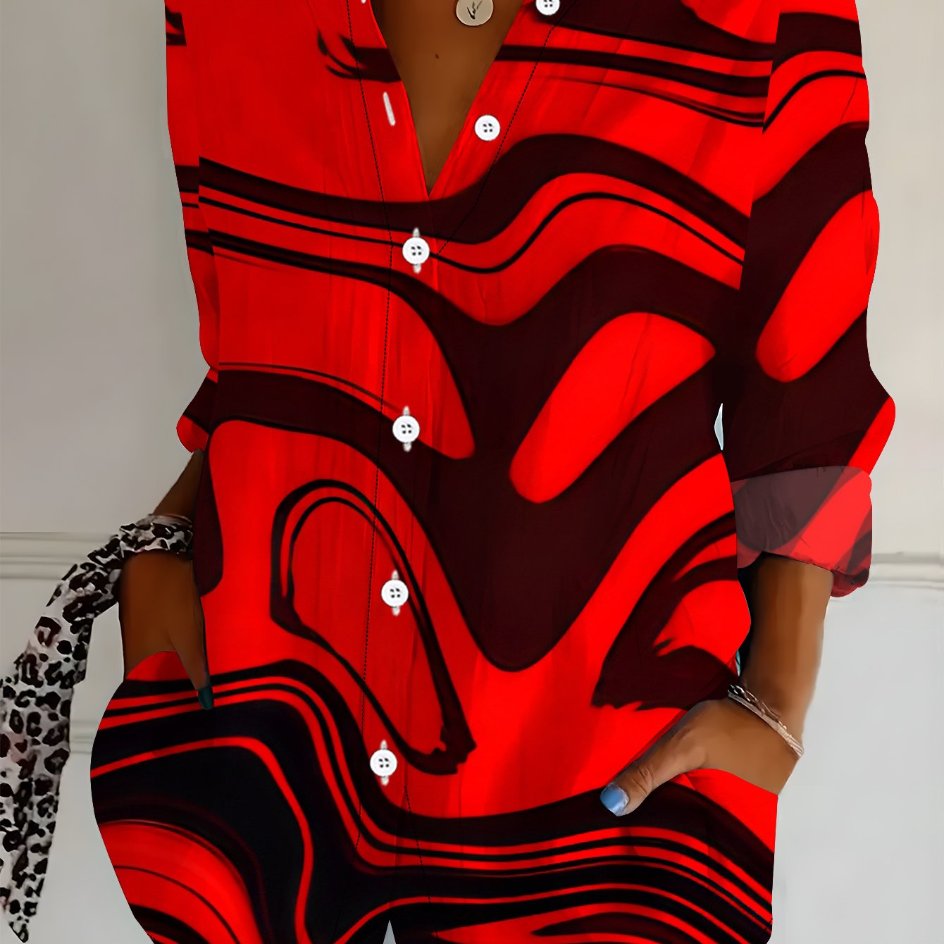 TEMU Plus Size Women's Long Sleeve Shirt, Dynamic Wavy Print Shirt, Red And Black Pattern Mid-length Women's Shirt, Vibrant Red Printed Casual Shirt,