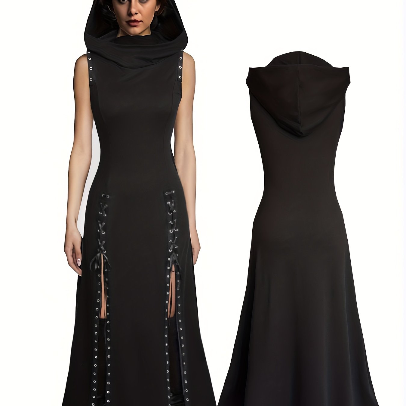 Image of Y2k-inspired Black Hooded Sleeveless Dress With Metal Eyelets & Side Slit - Stretchy Polyester Blend, Machine Washable, Summer, Adult Fashion, Casual Attire|y2k Fashion|glossy Texture