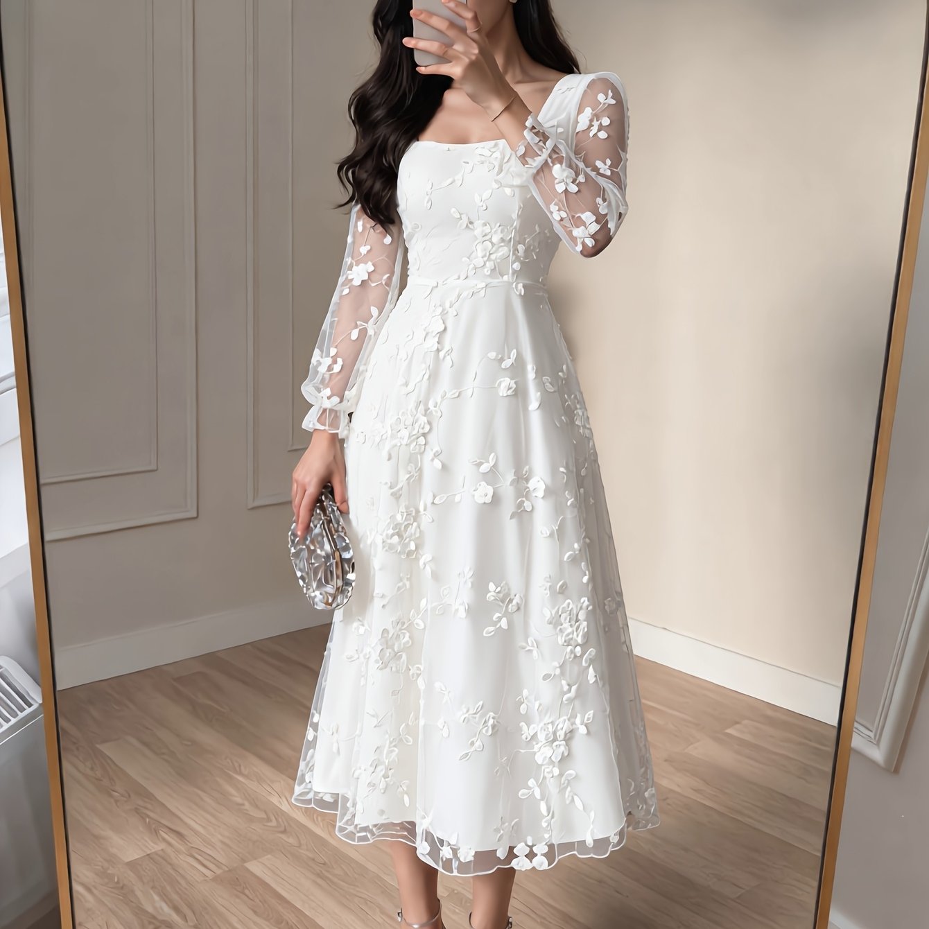 Image of Directional Mesh Embroidered Fabric Elegant Party Women's Dress Long Sleeve Long Length Bridesmaid Dress