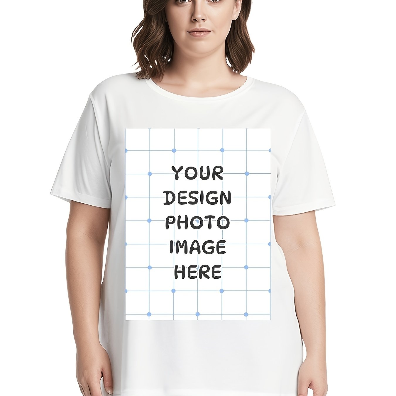 Image of Plus Size, Oversized Women's Custom T-shirt Personalized Front Side Print Plus Size Tee Pure Tshirt - Add Your Image - Solid Crew Neck Short Sleeve Tee Soft Comfortable Casual Trendy Swear