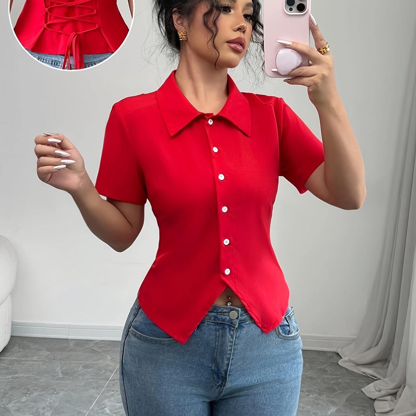 TEMU Women's Red Blouse With Pleated Collar, Cinched Waist, Lantern Sleeves, And Versatile Vintage Design