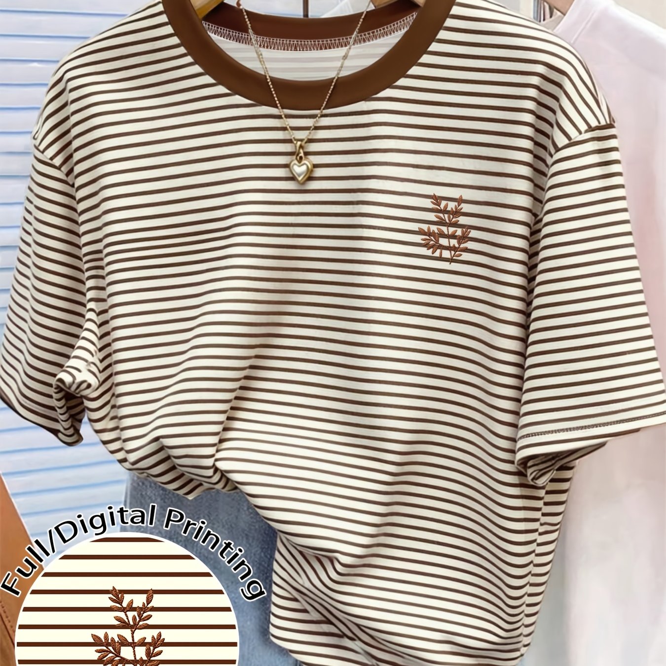TEMU Korean Retro Striped Leaf Women Crew Neck Tee, Loose Casual Slim Breathable Fashion Short Sleeve Top