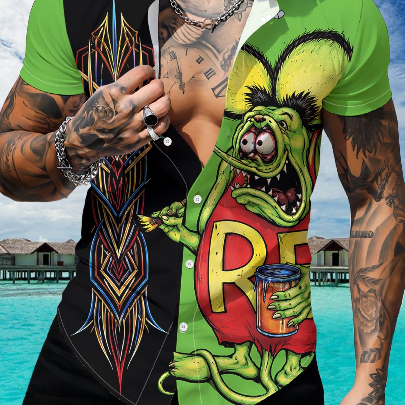 TEMU Men's Trendy Cartoon Print Short-sleeve Shirt With Unique Creative Patterns, A Stylish And Versatile Casual Top