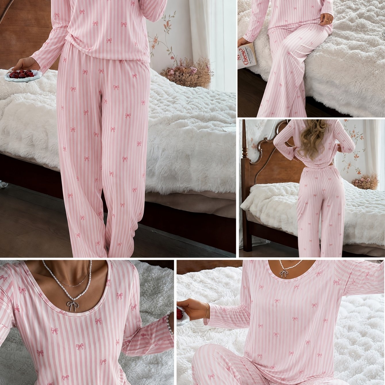 TEMU Women's Pajama And Loungewear 2pcsss Set, Spring Summer Fall Casual Sleepwear, Comfortable Sleepwear Home Set, Use, Bow Theme Pajama Set, Loose
