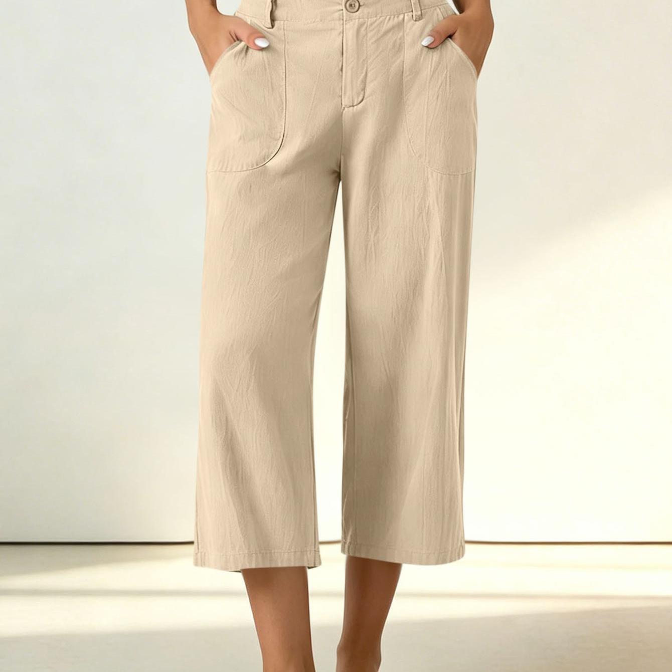 Image of Women' Wide Leg Cropped Pants With Elastic Waist & Button/zipper Closure - Breathable Trousers Suitable For City , , , Textured Straight Leg, Patch Casual Pants For Spring Summer Fall