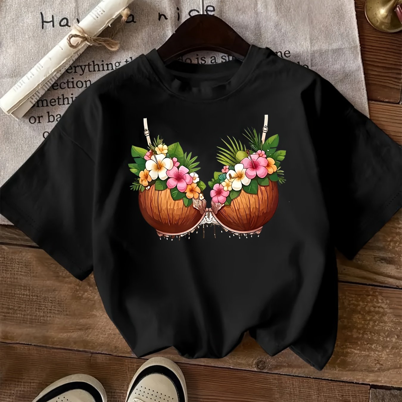 TEMU Women's Casual T-shirt With Vibrant & Leaf Print - Soft Polyester, Short Sleeve, Round Neck, Summer , Beach T Shirt