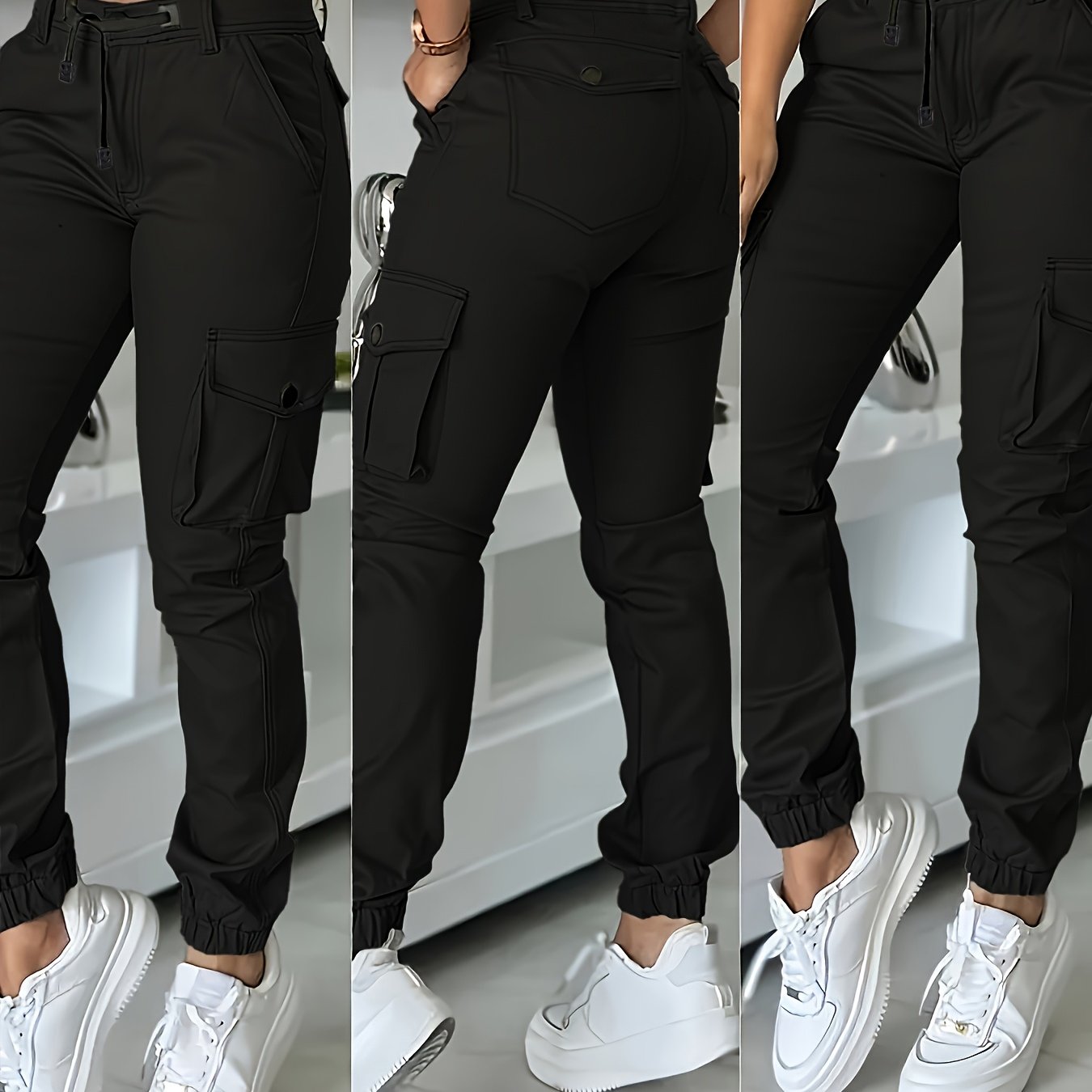 E-shop Neue High-Waist Cargo Jogginghose mit Kordelzug für Frühling und Sommer, Cropped Hose, Damen Hosentaschen Cargo Hose