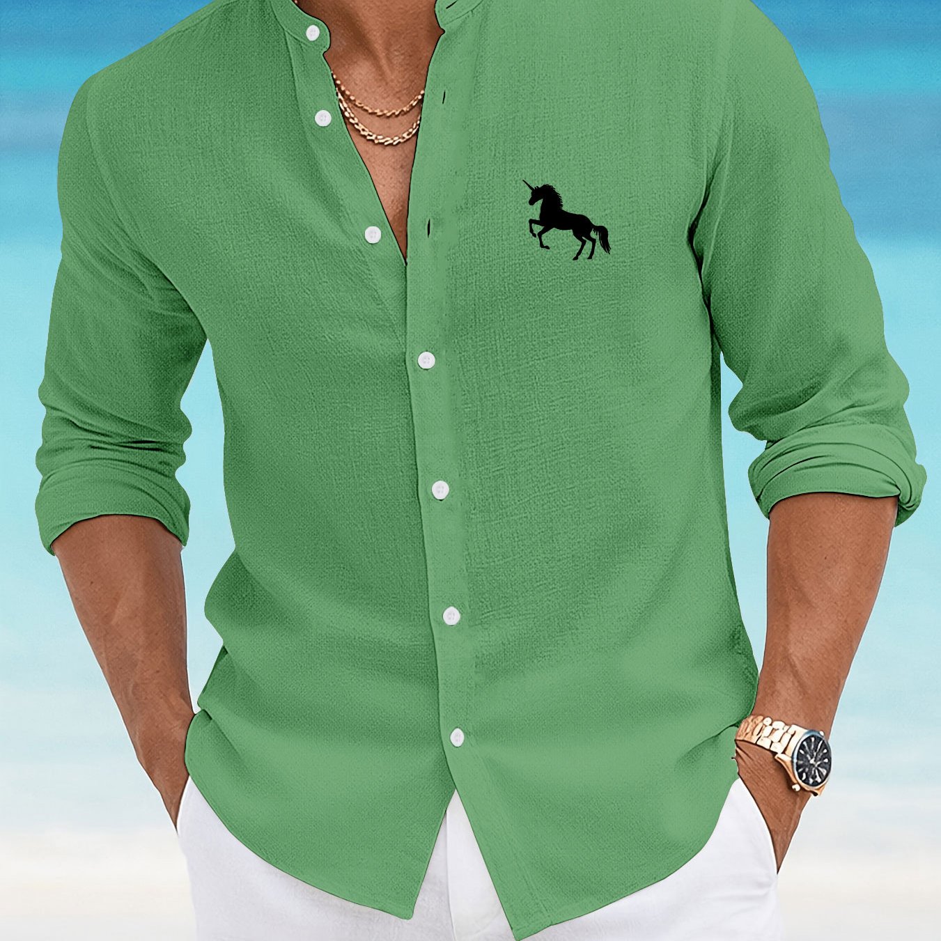 TEMU Men's Casual Faux Linen Stand Collar Long Sleeve Shirt, Breathable And Comfortable Fabric, Suitable For , Parties, And Beach Vacations, Machine