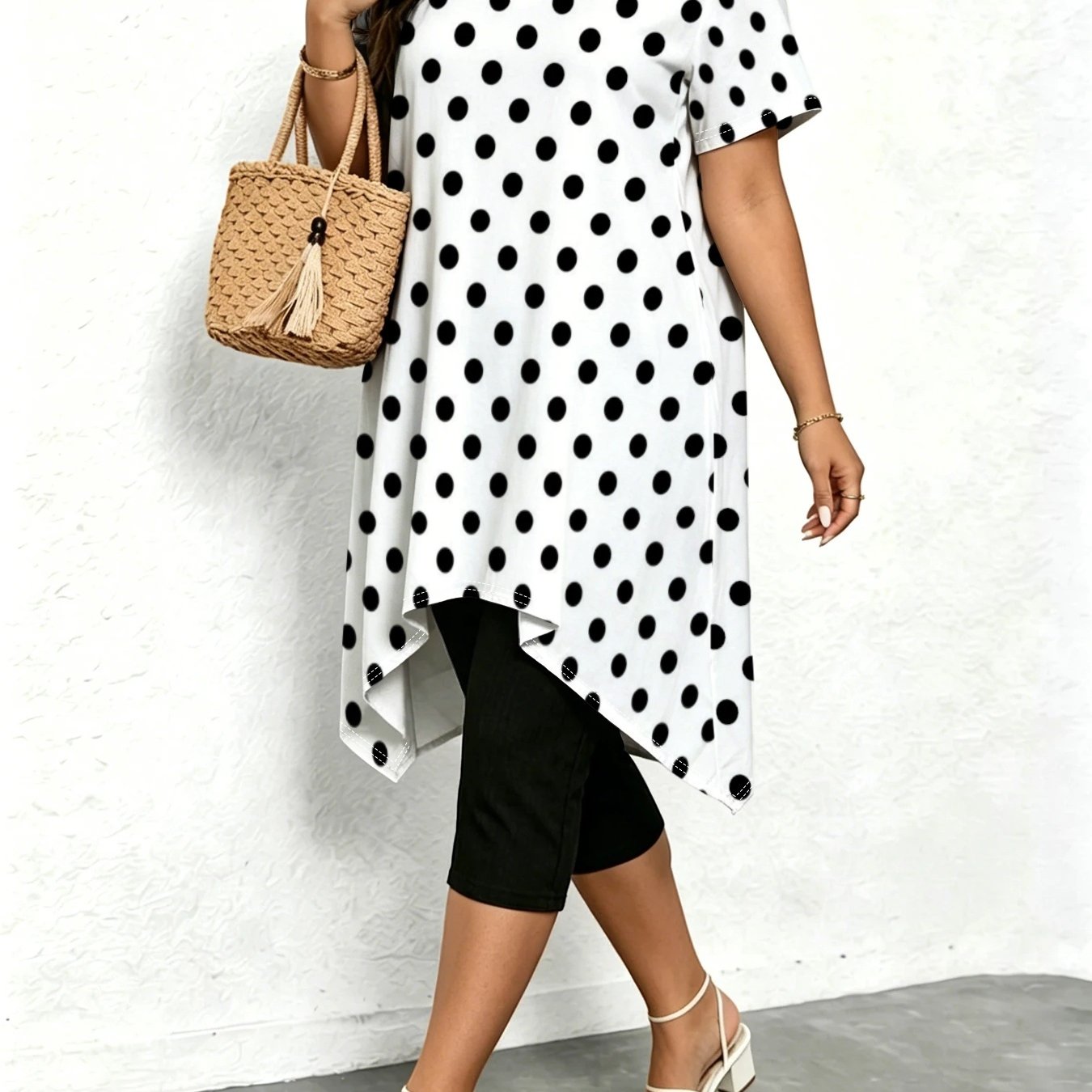TEMU Plus Size, And White Polka Dot V-neck Short Sleeve Top, Plus Size Loose Fit With Irregular Hem, Tummy Control, Mid-length Blouse