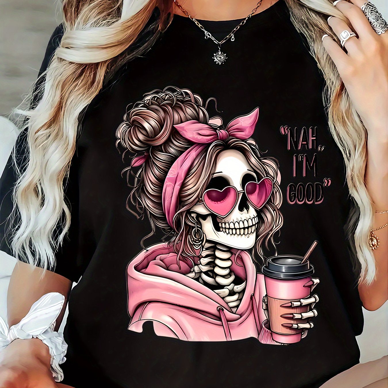Plus Size, Print Plus Size Women's Casual T-shirt, Round Neck, Short Sleeved, Slightly Elastic Fabric, Regular Style, Comfortable Top For Women Clothes