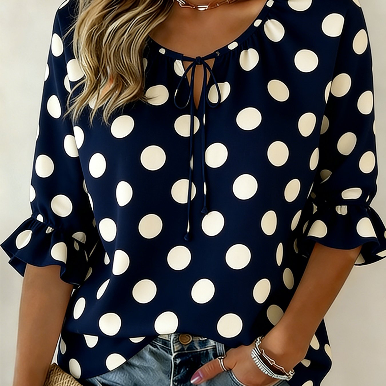 Women's Ruffle Trim Shirt With Polka , Casual 3/4 Sleeve Tie Front Blouse For Casual To Formal Wear