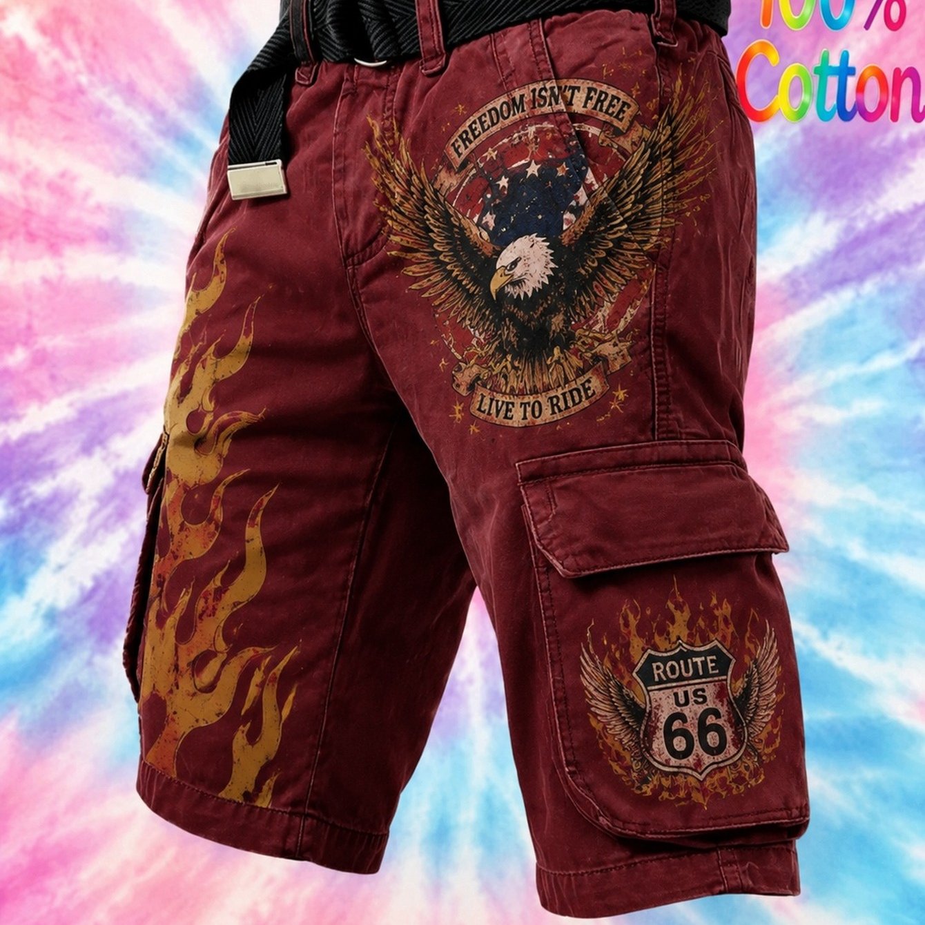 's Retro Cargo Shorts (no Belt) With Eagle And Flame Print, Suitable For Work And Casual Wear. Features Multiple Practical Pockets. A Stylish And Versatile Men's Outfit