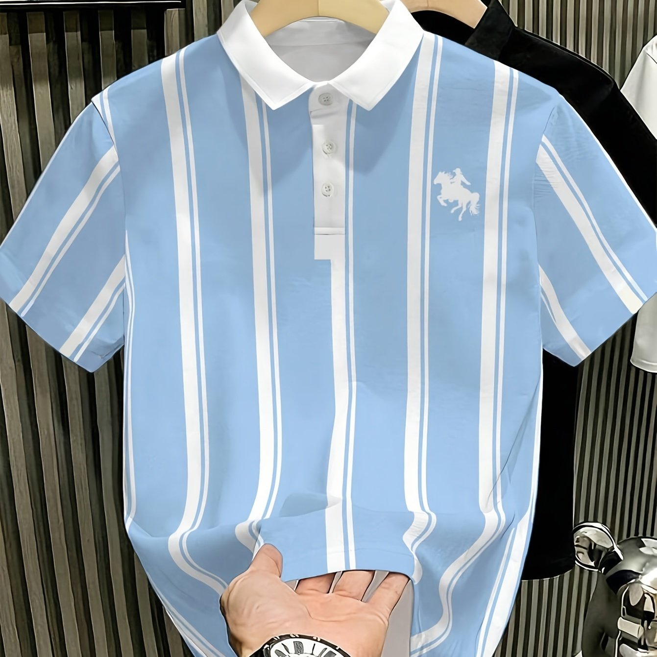 TEMU [printed Design-not Textured] Casual Striped Equestrian Pattern Shirt Wrinkle-resistant