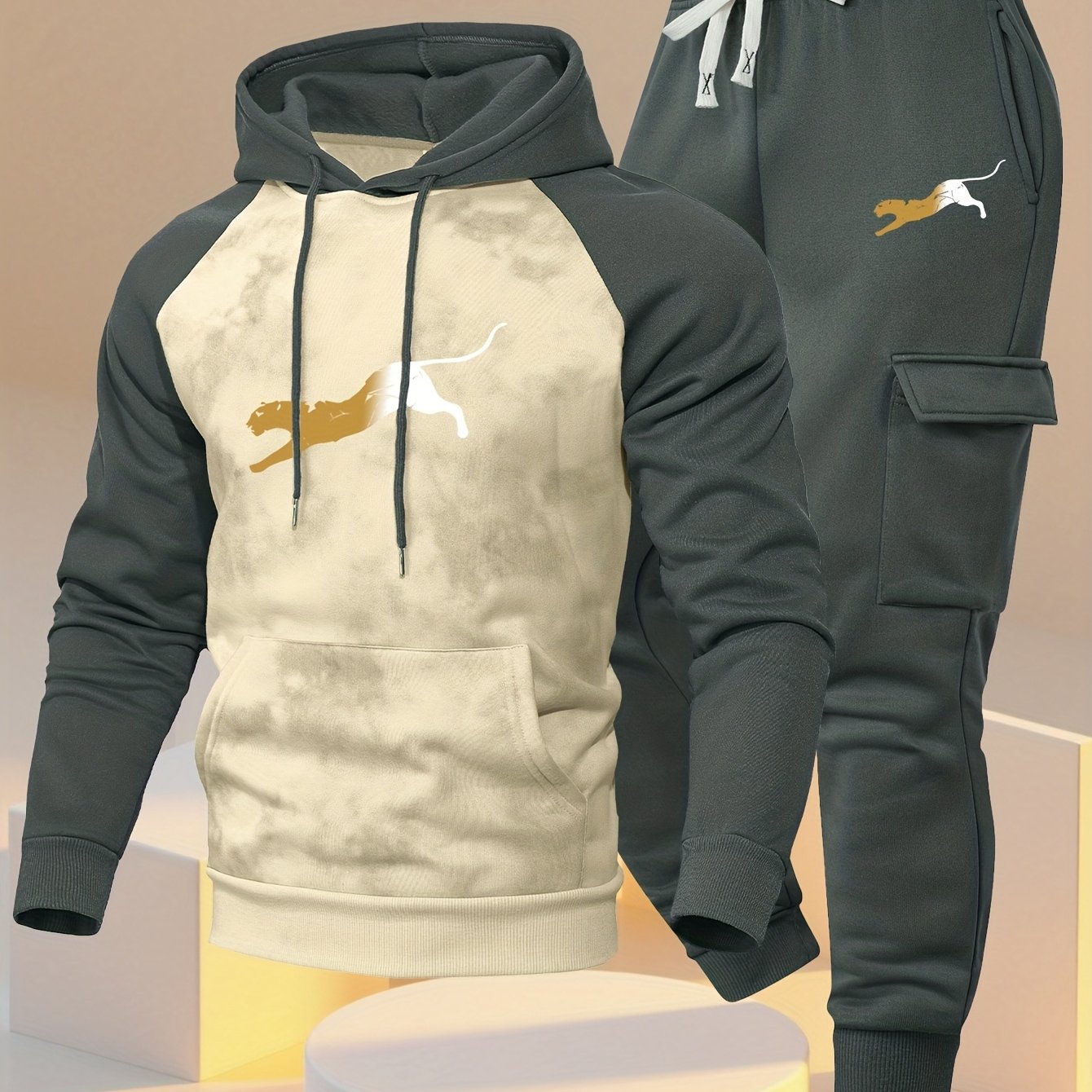 TEMU A Hooded Sweatshirt With Color-blocking Raglan Sleeves And Loose-fitting Cargo Pants Featuring Multiple Pockets. This Casual And Comfortable
