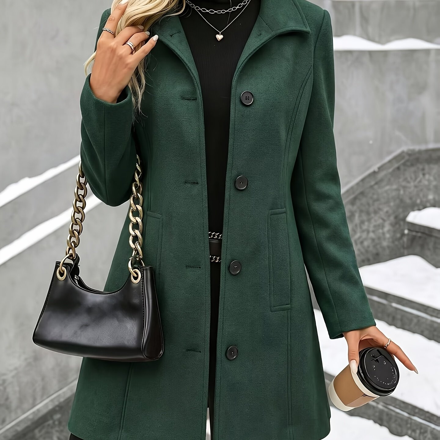 TEMU Fashion Women's Elegant Tweed Coat Trendy Slim Solid Color Collar Tweed Overcoat