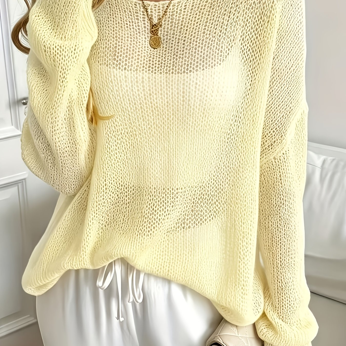 TEMU Solid Color Round Neck Pullover Sweater, Elegant Long Sleeve Top, Suitable For Spring And Autumn, Women's Clothing
