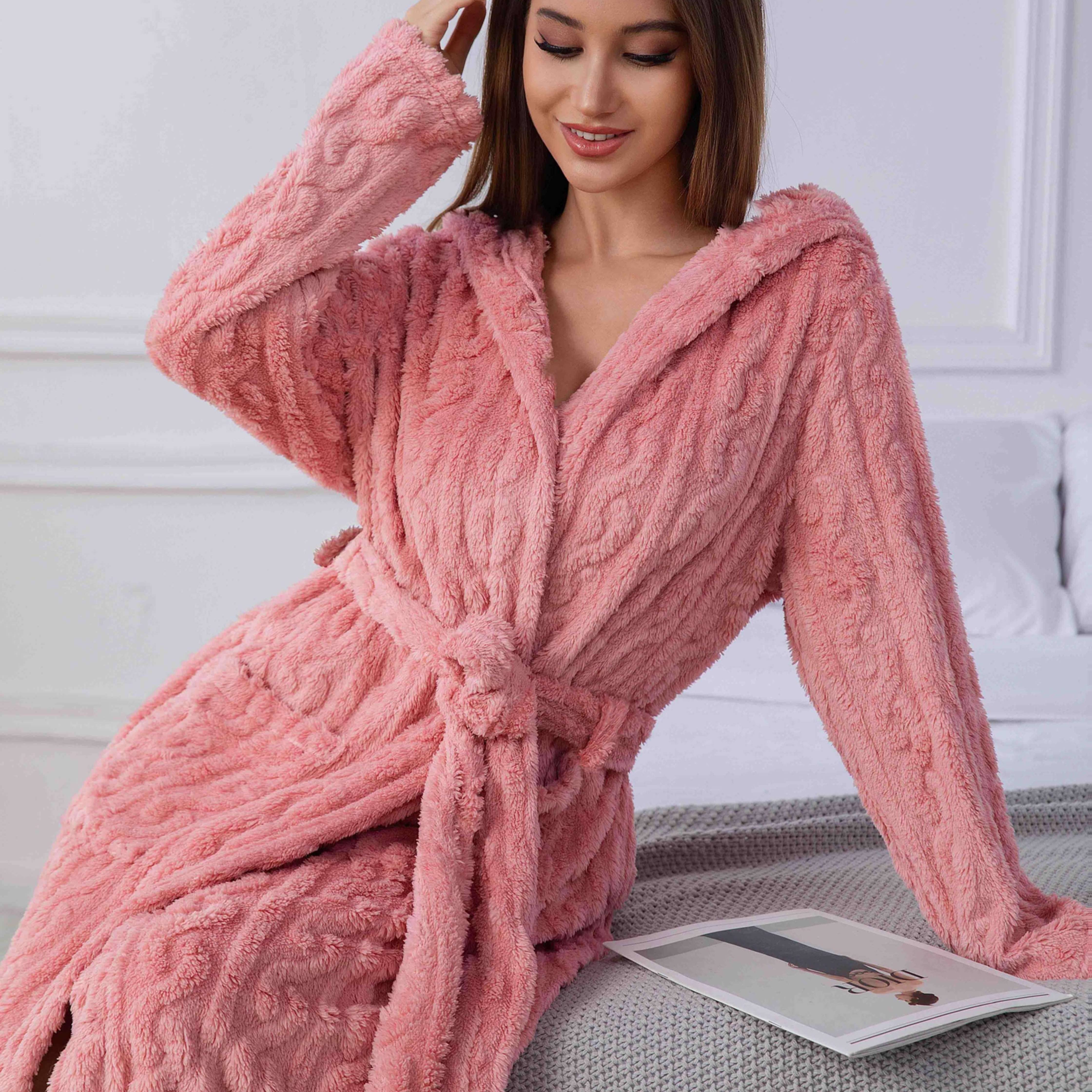 TEMU New Casual Fashion Women's Elegant Solid Plush Loungewear Sleep Robe Casual Bathrobe For Autumn/winter
