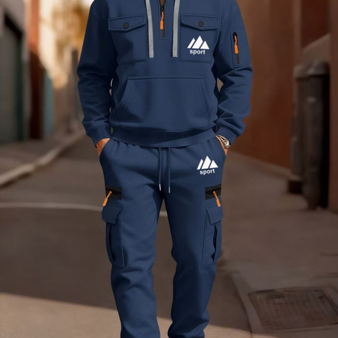 TEMU Sport Letter Men's Fashion Print Hooded Sweatshirt 2pcs Set, With Athletic Casual Cargo Pants Set