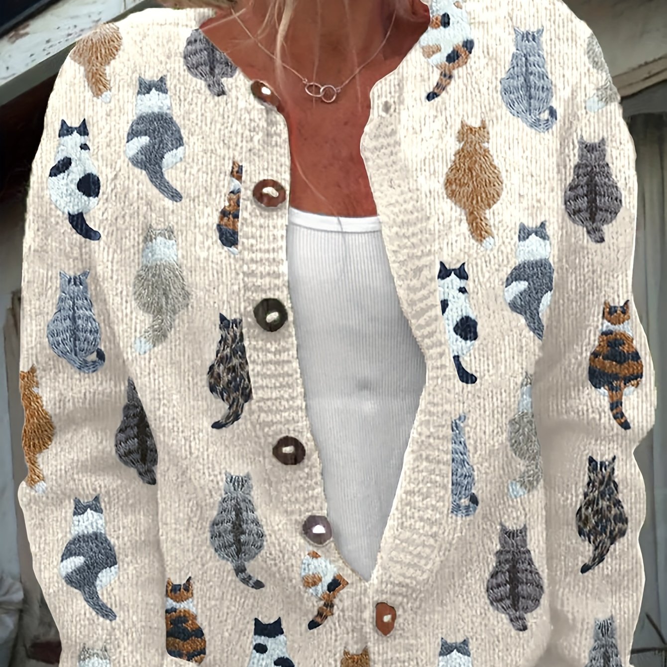 TEMU Women's Cardigan With Round Neck, Casual Long Sleeve Sweater