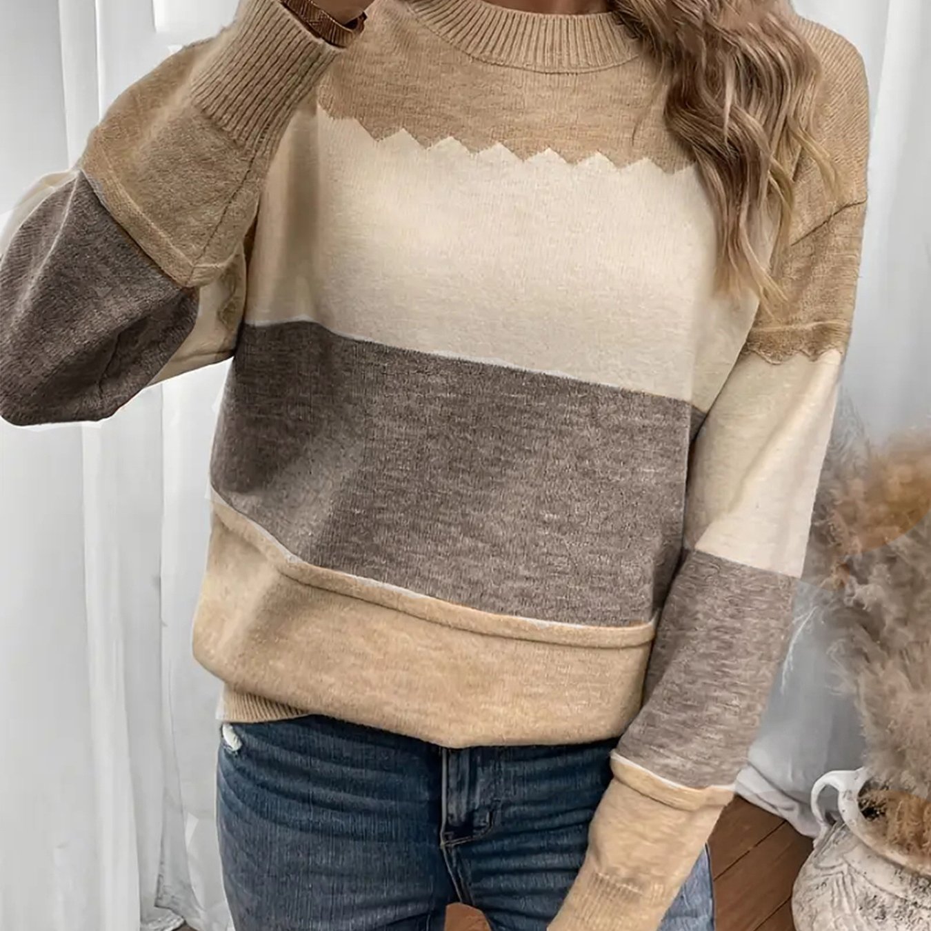 E-shop Damen Rundhals Pullover, Einfach Elegant Vielseitig Lockerer Rundhals Oberteil, Damen Strickjacke