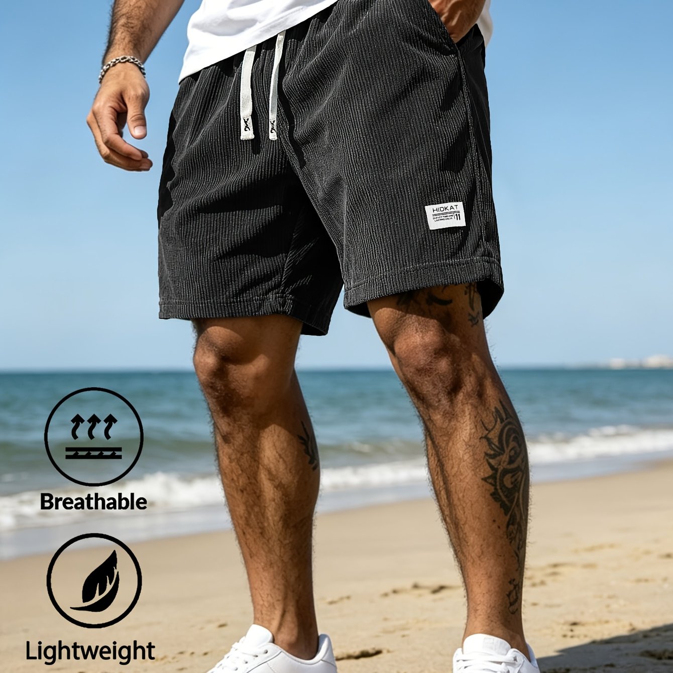 TEMU Summer Fashion Lightweight Breathable Striped Corduroy 5-point Pants For Men, Elastic Waistband And Adjustable Drawstring Men's Pants, Suitable