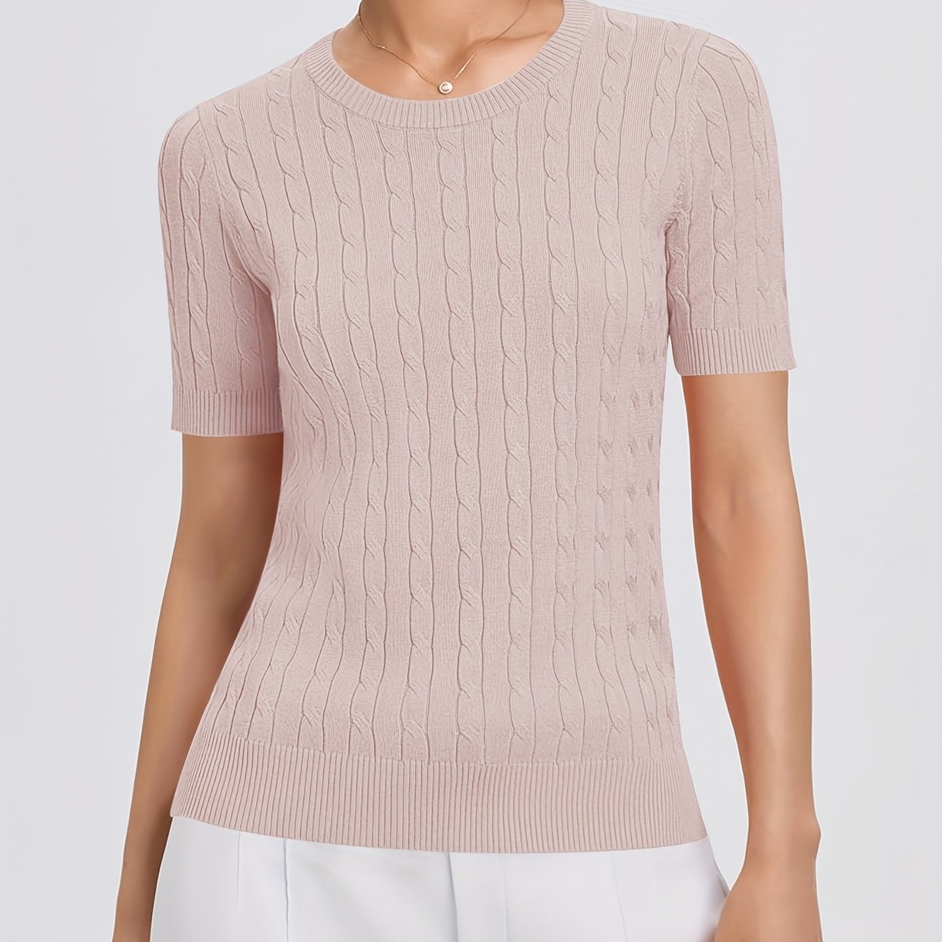 E-shop Eleganter Damen-Kabelpullover mit Rundhalsausschnitt und kurzen Ärmeln - Weicher, bequemer, einfarbiger Oberteil für Herbst, Winter und Freizeit