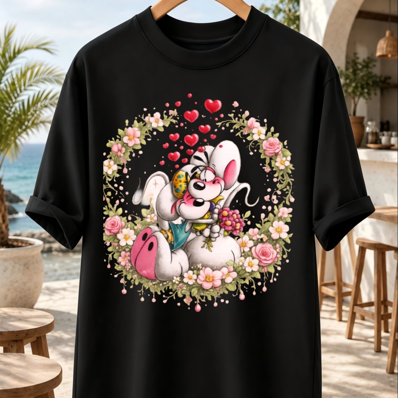 Cute Mouse Couple T-shirt Balloons And Flower Bouquet Sweet Romantic Cartoon Illustration Unisex All T-shirt