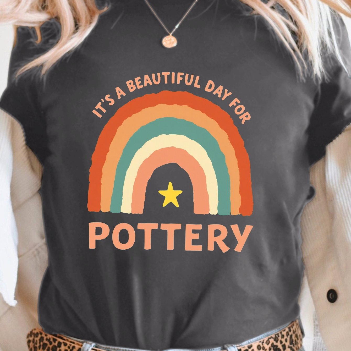 TEMU Women's " A For Pottery" Print T-shirt - Casual Short Sleeve Crew Neck Top Suitable For Summer & Spring, Pottery Class Outfits, Machine Washable