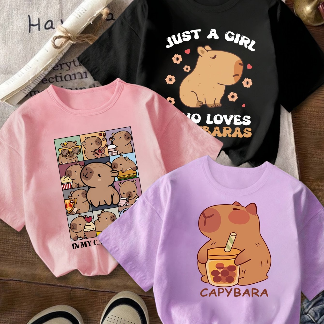 E-shop Dreiteiliges Set TD22019 für junge Mädchen, mit dem Design "Nur ein Mädchen, das Capybara liebt" zusammen mit Buchstaben- und Capybara-Druck,