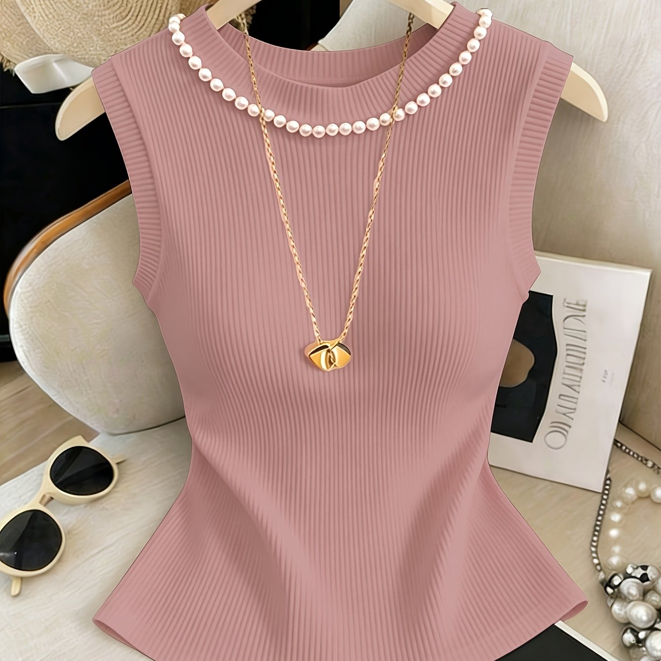 TEMU Women's Fashion Round Neck Pearl-embellished Collar Vest