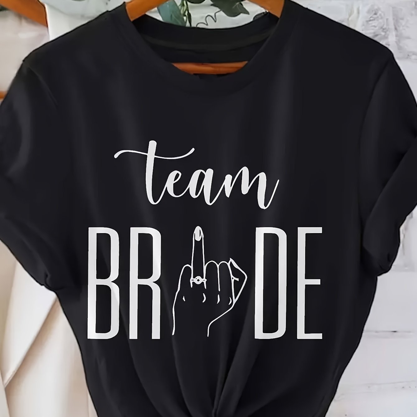 Graphic Print T-shirt, Women's Casual Round Neck Short Sleeve Top, Black With White Lettering, Suitable For Spring/, Bridesmaid Gift
