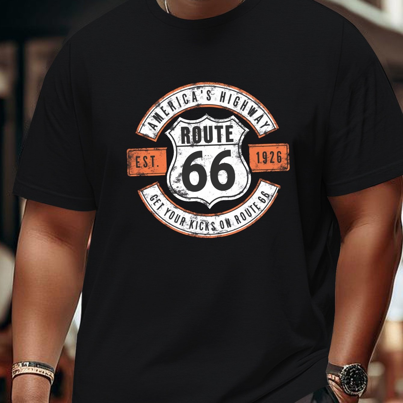 TEMU Plus Size Men's Summer T-shirt, Nostalgia Route 66 Emblem Graphic Print Short Sleeve Breathable Casual Tops For Daily Life, Big & Tall