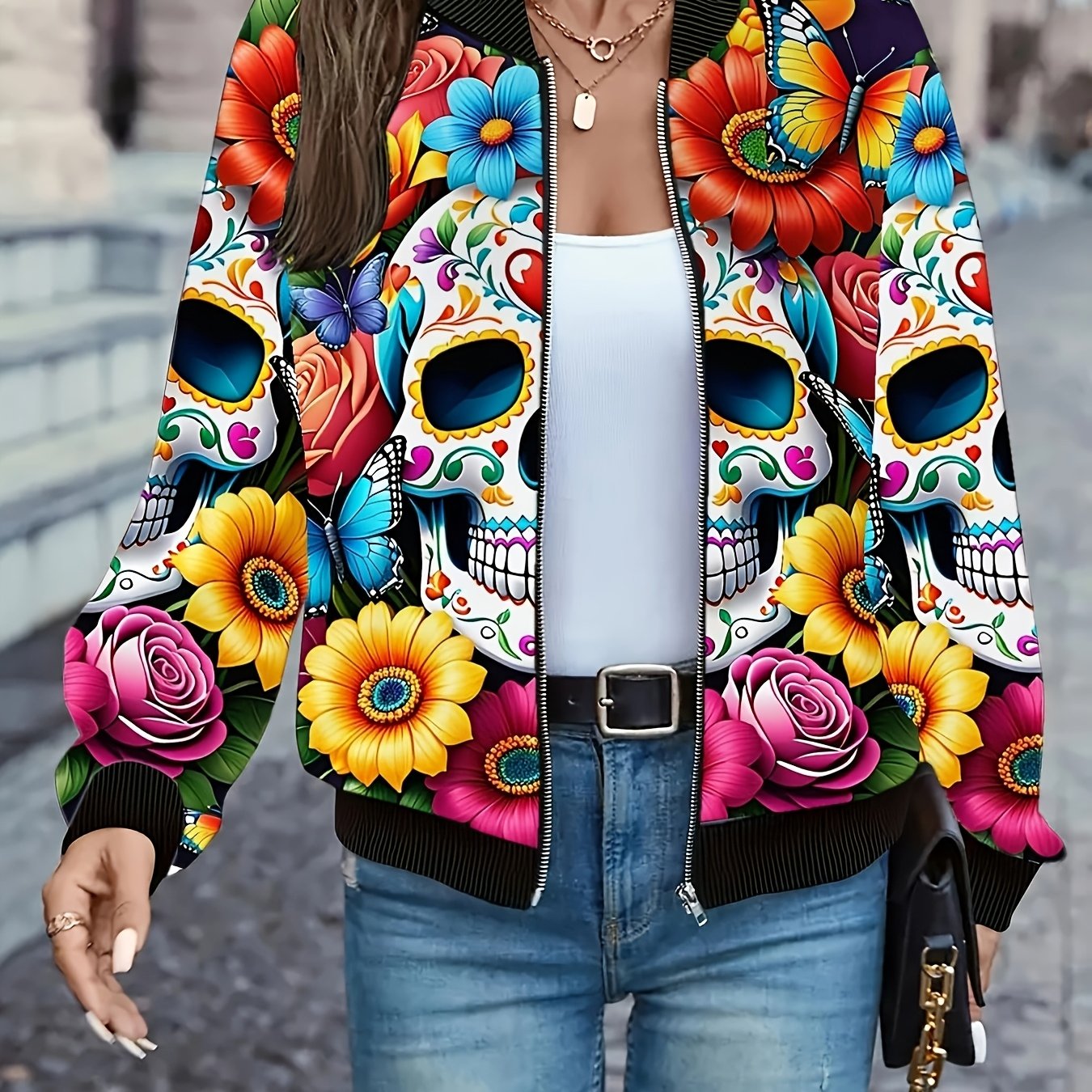 E-shop Polo-Kragen Baseballjacke mit Reißverschluss, Totenkopf-Blumen Digitaldruck Damen Freizeitjacke Ultra Auffällig, Individuelle Modeauswahl,