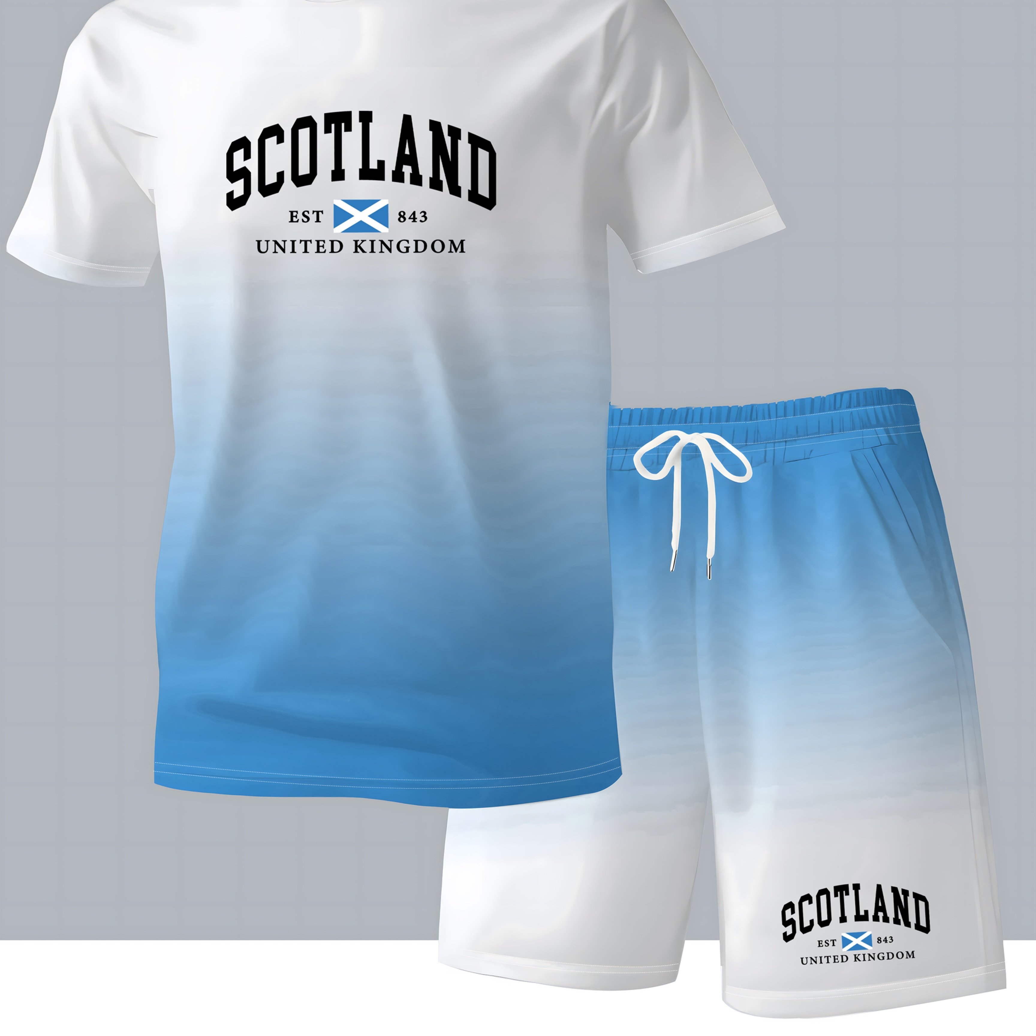 TEMU Men's Scottish Gradient Short- Sleeved T- Shirt And Shorts Casual Sports Two- Piece Set