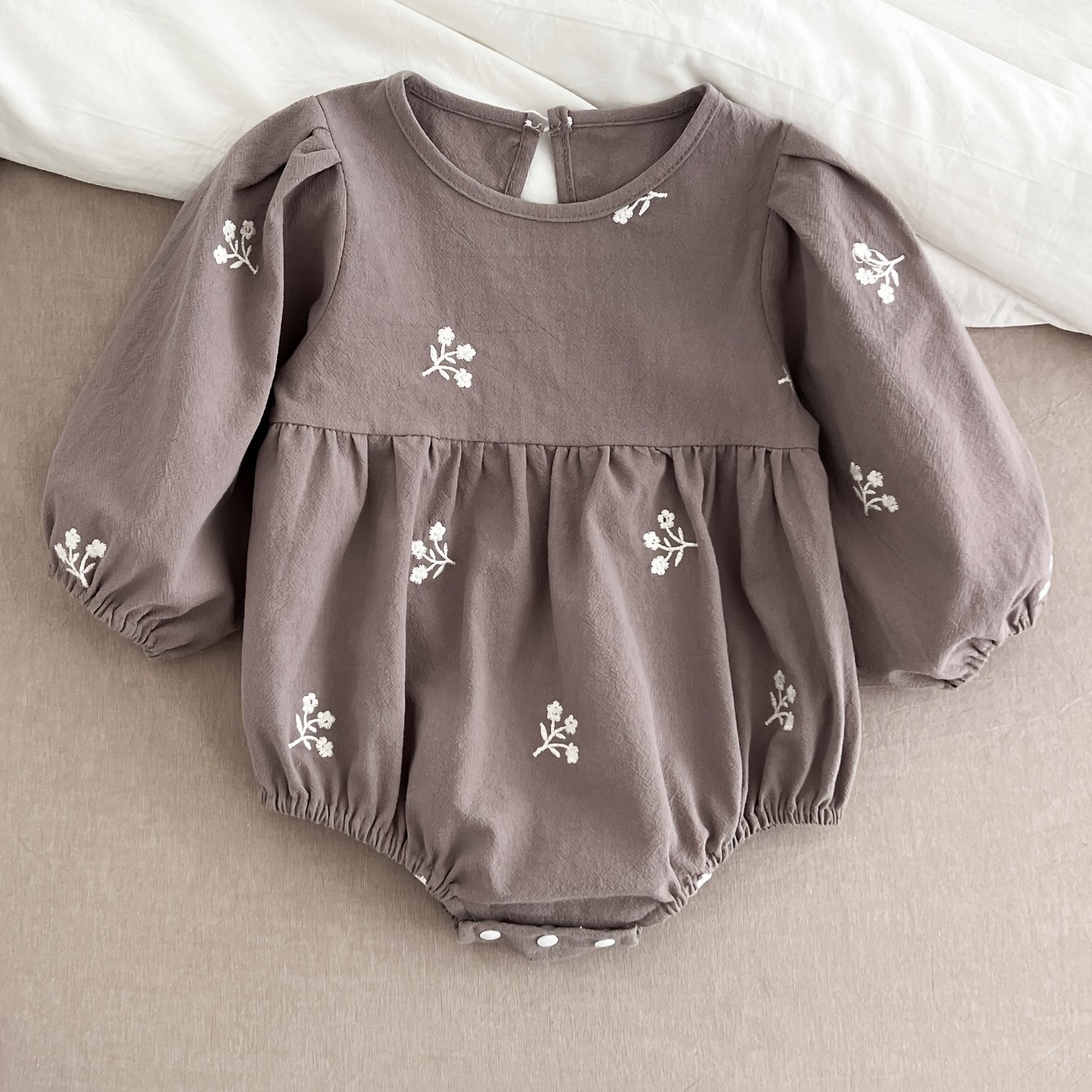 A8057 Baby Girl Retro Floral Embroidery Cute Round Neck Long Sleeve Triangle Bodysuit, For Outdoor