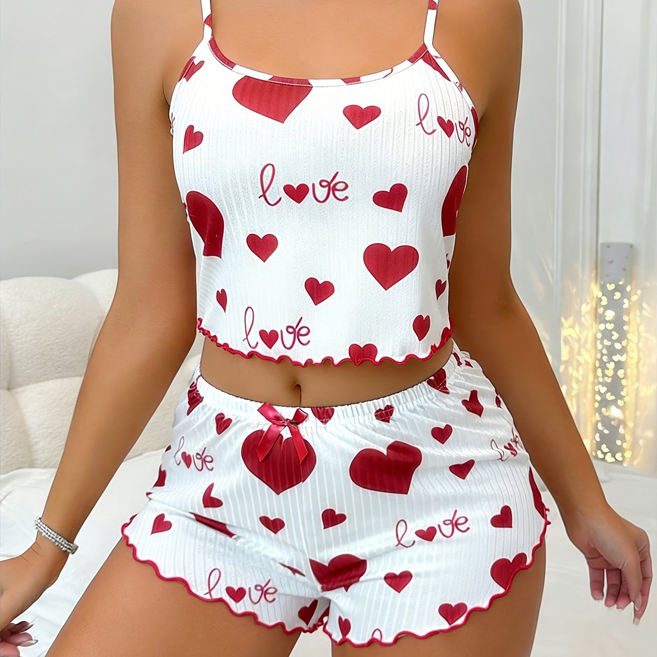 Image of Women's Casual Red Heart "love" Print Ribbed Strappy Shorts Pajama Set With Bow And Red Trim