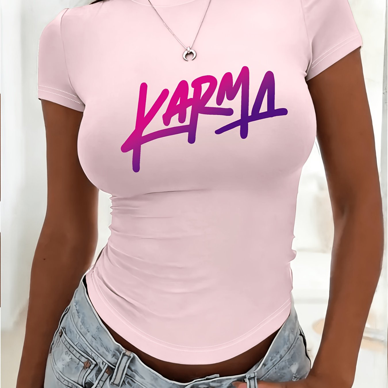 TEMU Letter Karma Pattern 2d Printed T-shirt Slim Fit Short-sleeved T-shirt, Seasonal Fashion, Comfortable Cut, Suitable For , Classic Versatile